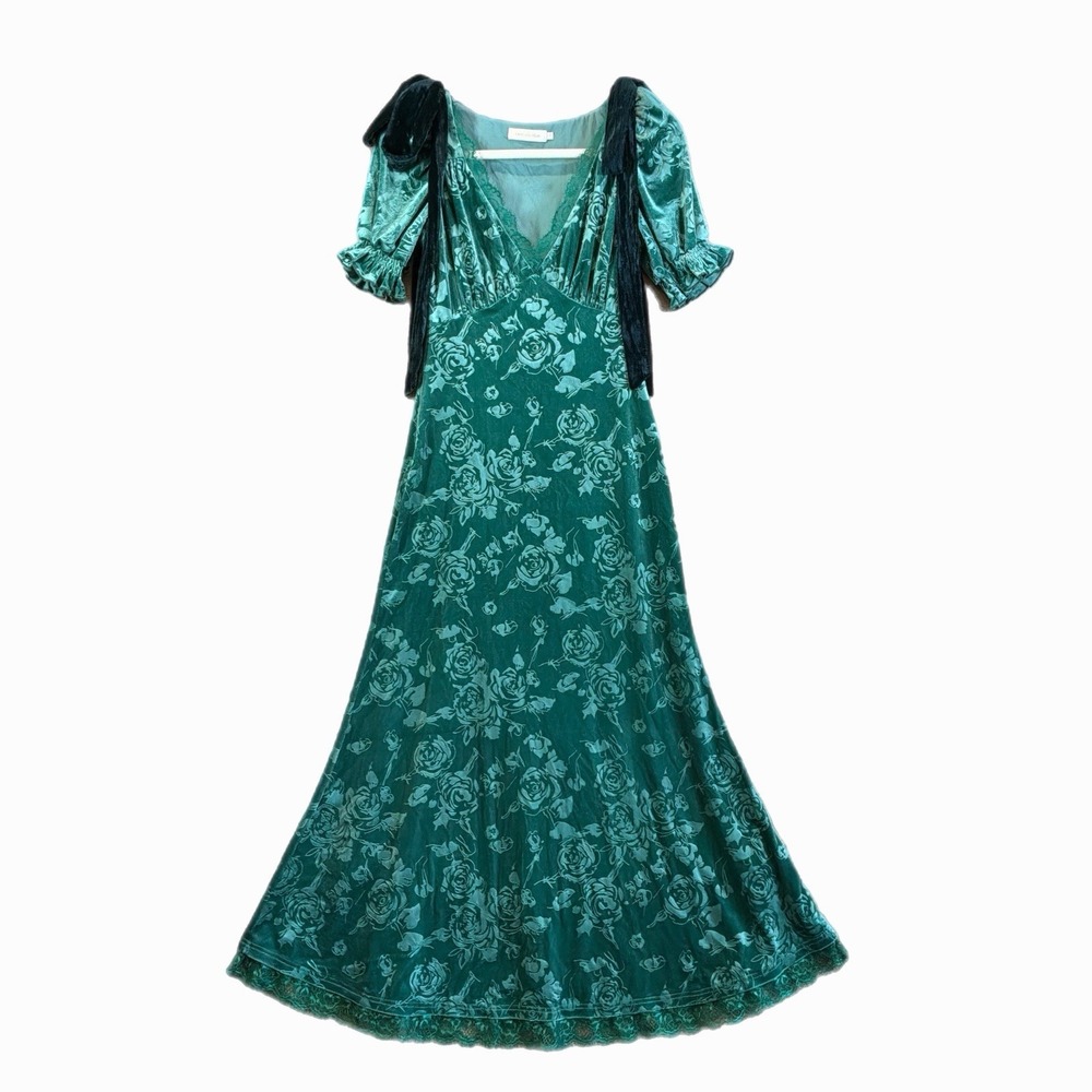 VTG 90s Y2K Green Velvet Burnout Babydoll Dress Sm Whimsigoth Forest Fairy EUC‎